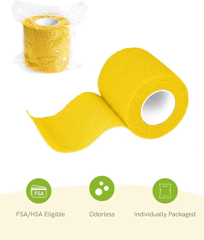 FriCARE Self Adhesive Bandage Wrap, Medical Tape in First Aid Kit, Cohesive Bandages for Wounds Sport Vet, 2 Inches X 5 Yards 6 Rolls, Yellow