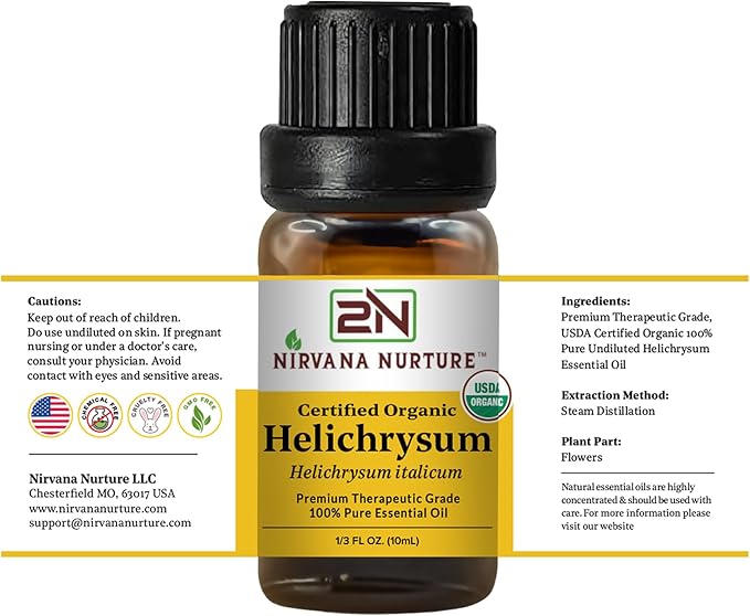 Helichrysum Essential Oil USDA Certified Organic, 100% Pure Natural Premium Grade, Undiluted- Aromatherapy Diffuser for Calm and Relaxation, Skin Care, Hair Care