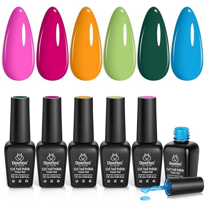 beetles Spring Gel Polish Set - 6 Color Gel Nail Polish Hot Pink Green Blue Orange Rainbow Boundless Energy Collection Holiday Nail Art Design Soak Off Uv LED Manicure DIY Home