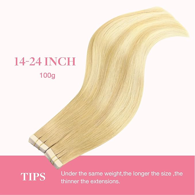 GOO GOO Tape in Hair Extensions Human Hair, 18AT60A Pearl Ash Blonde Highlights, 20inch 100g 40pcs, Skin Weft Seamless Invisible, Silky Straight with Thick Ends, Remy Human Hair