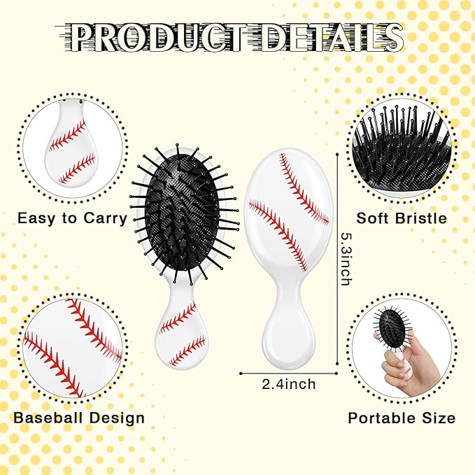 12 Pcs baseball Mini Detangler Brush, Mini Travel Hair Brush, Bristles Plastic Detangling Brush, No Tangle Soft Flexible Bristles for Straight, Curly, Thick Hair for baseballl Team Gift Sport Party