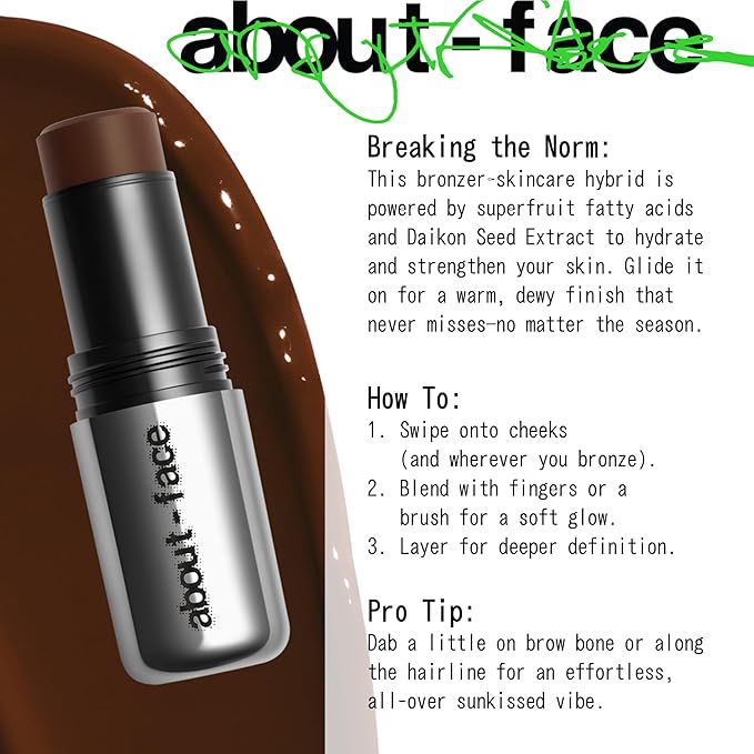 about-face Beach Freak Bronzer Stick Eternal Sunset– Ultra-Creamy, Vegan Bronzer & Contour Stick with Skincare Benefits – Dewy Finish – Hydrating Formula with Daikon Seed Extract – Medium Deep
