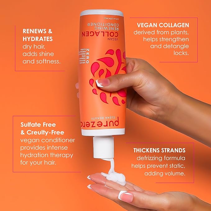 Purezero Collagen Silicone Free Shampoo & Conditioner Set - Strengthening & Hydrating - Duo for Dry or Damaged Hair – Plant-Based Collagen, Sulfate-Free, Paraben-Free, Cruelty-Free, 2 × 12 oz