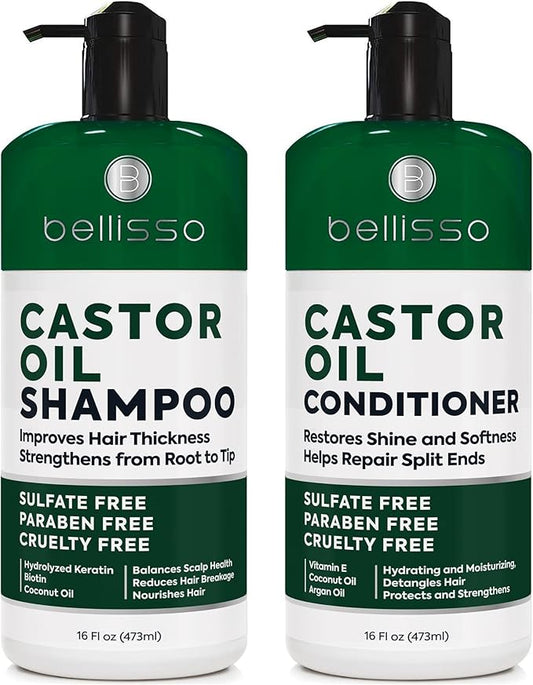 Castor Oil Shampoo and Conditioner Set - Thickening Products for Thinning Hair Women and Men - Sulfate Free Formula - Hydrating, Volumizing and Moisturizing for Dry Hair - Volume Boosting, Color Safe