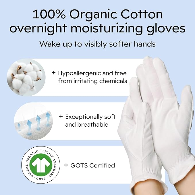 Clearbody Organics 100% Organic Cotton Gloves - 5 Pairs of White Hand Moisturizer Gloves, M - Sleeping Mitts for Dry Hands - Washable Cotton Liners for Men & Women