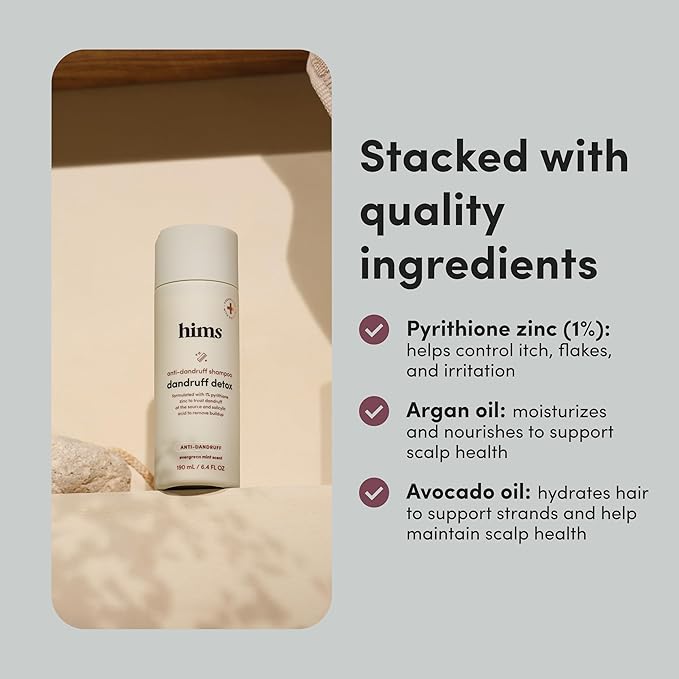hims Dandruff Detox Shampoo - Pyrithione Zinc, Argan Oil, & Avocado Oil Formula - Dandruff Shampoo for Flaky & Itchy Scalp - Sulfate-Free, Paraben-Free - Evergreen Mint Scent - 6.4 Fl Oz, 2 Pack