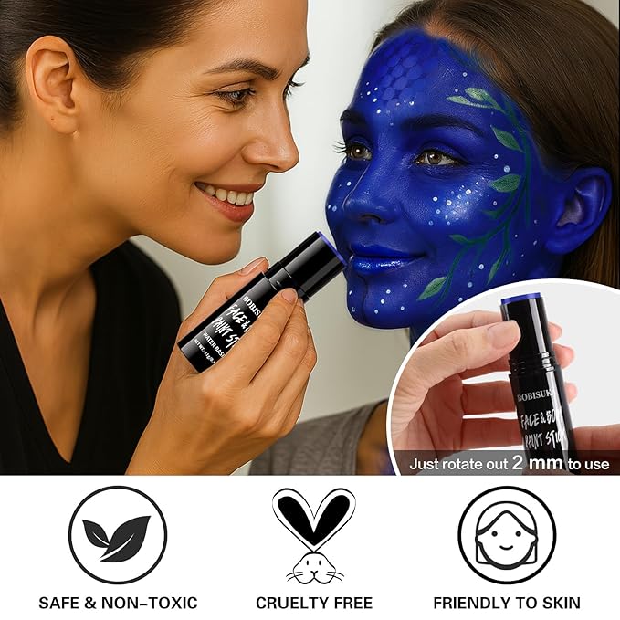 BOBISUKA Blue Face & Body Paint Stick Water-Based Washable Face Paint Makeup Stick for Halloween Avatar Smurf Mystique Skeleton Skull Clown, Cosplay, SFX, Sports Eye Black & Costume Party