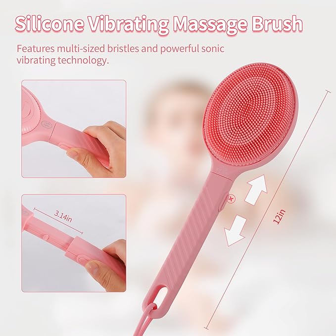 Bella Ciao Vibrating Shower Body & Face Scrubber for Women, 4 Vibrating Modes, Extendable Handle, Detachable Head – Silicone Massage Brush, USB-C Charging, IPX7 Waterproof (Pink)