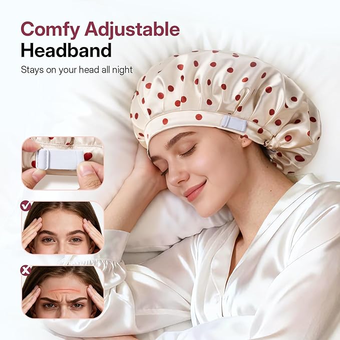 LitBear Silk Satin Bonnet for Sleeping Women, Adjustable Double Layer Hair Bonnet with Scrunchies for Curly Natural Hair, Non Slip Softer Night Sleep Cap