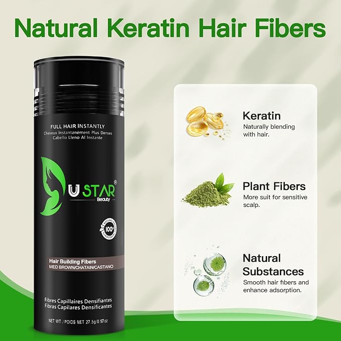 Hair Building Fibers 77.5g, USTAR 5 in 1 Hair Fibers for Thinning Hair with Holding Spray for Instantly Thicker, Fuller Look, Styling Hair Powder for Men & Women (Medium Brown)