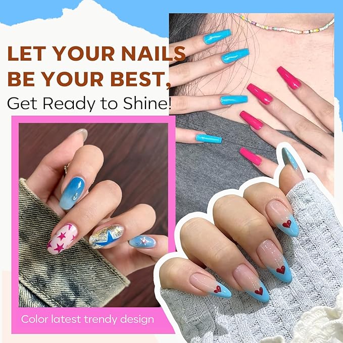 modelones Gel Nail Polish Set -6 Colors Hot Pink Blue Milky White Clear Blooming Gel Polish Burgundy Nude French Jelly Nail Gel Polish Mani DIY Gift with Mini Golden Beads & Nail Dotting-Liner Brush