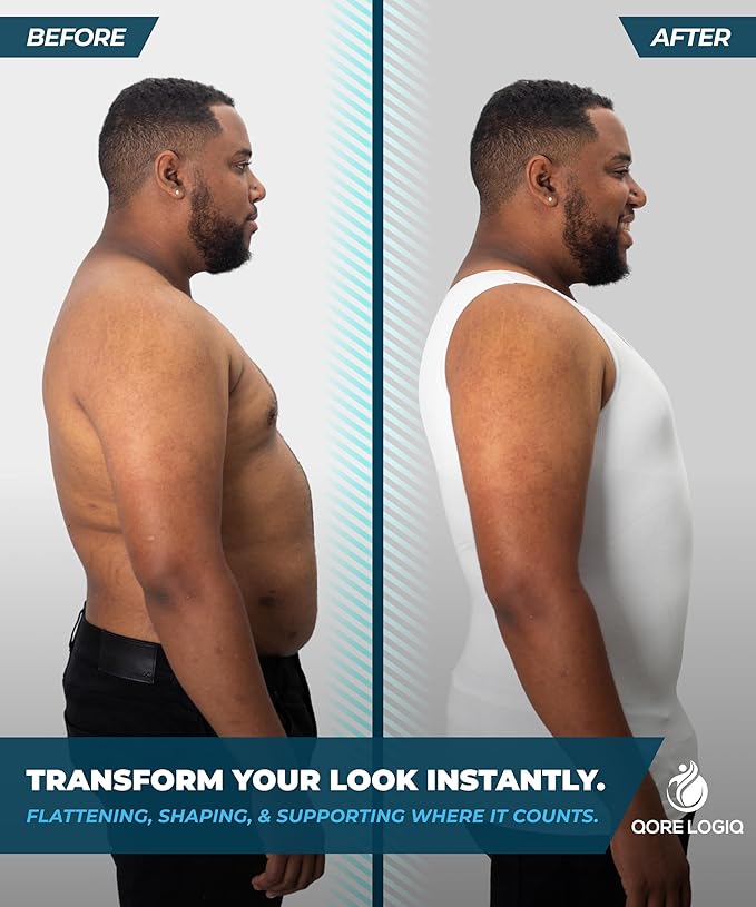 QORE LOGIQ Gynecomastia Compression Shirts for Men - Sleeveless Slimming Undershirts Tummy Control and Body Shaper Tank Top