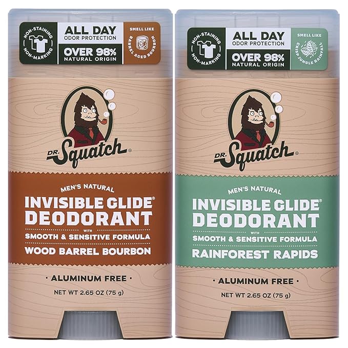 Dr. Squatch Invisible Glide Natural Men’s Deodorant – Smooth Glide, No Stains – Aluminum Free Deodorant Men – Safe for Sensitive Skin – Wood Barrel Bourbon + Rainforest Rapids, 2.65oz (2-Pack)