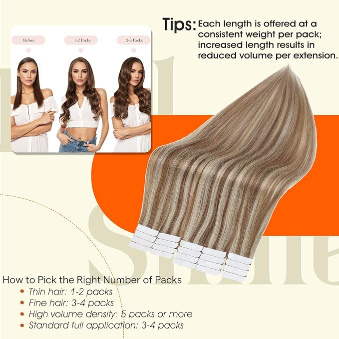 Full Shine Tape in Hair Extensions Human Hair Color 10P613 Golden Brown Highlighted Bleach Blonde Tape in Extensions 20 Inch Hair Extensions Tape ins Natural Invisible Skin Weft Hair 50G 20pcs