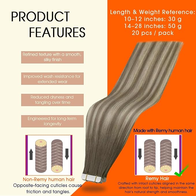 Full Shine Brown And Blonde Tape in Extensions Human Hair Color 7/1000/7 Ombre Tape in Hair Extensions 14Inch Hair Extensions Real Human Hair 50Gram Remy Seamless Extension 20Pcs Natural Straight Hair