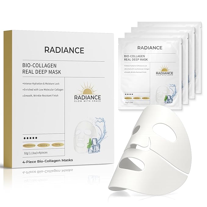 Radiance Bio Collagen Real Deep Mask - Hydrating Collagen Face Mask with Hyaluronic Acid, Amino Acids, Red Algae - Deep Moisture, Barrier Support for Supple, Plump, Dewy, Glowing Radiant Skin - 4-Pack