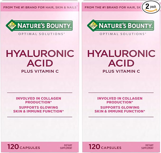 Nature's Bounty Vitamin C and Hyaluronic Acid Supplement, Supports Glowing Skin, Immune Function & Collagen Production, 120 Capsules - 60 Day Supply, Optimal Solutions Supplements for Skin Health