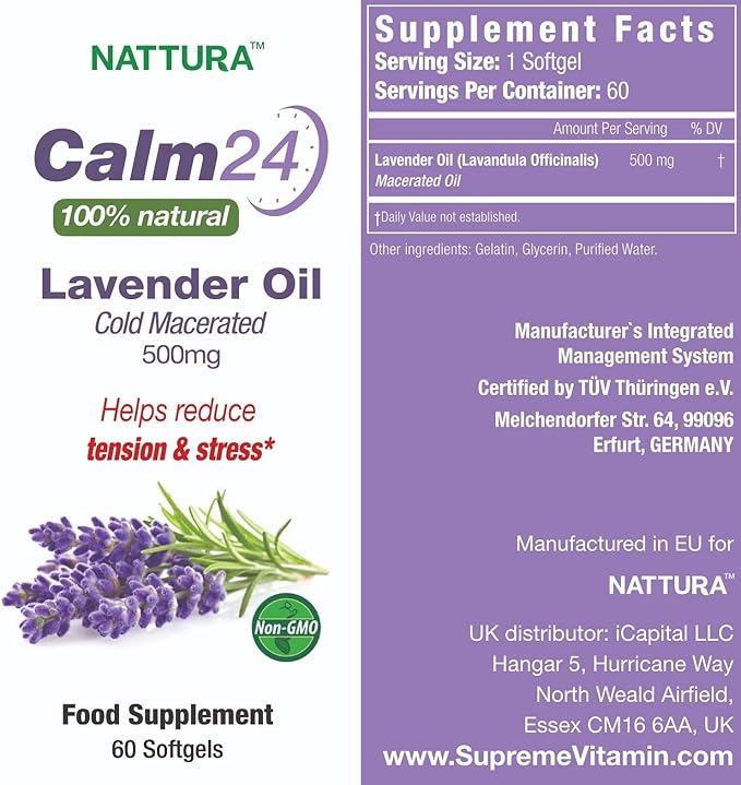Nattura Calm Aid Lavender Oil Pills - 500mg - 60 Softgels - 100% Natural, Helps Reduce Stress, Calming for Body & Mind, Non-GMO, Certified Kosher