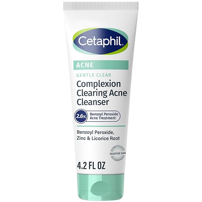 Cetaphil Gentle Clear Complexion-Clearing BPO Acne Cleanser with 2.6% Benzoyl Peroxide, Creamy and Soothing for Sensitive Skin, Suitable for All Skin Types, 4.2oz