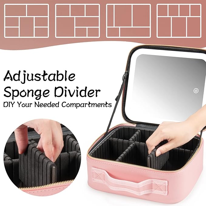 Makeup Travel Train Case with Mirror LED Light 3 Adjustable Brightness Large Cosmetic Bag Portable Storage Adjustable Partition Waterproof Makeup Brushes Make up Jewelry Gift for Women