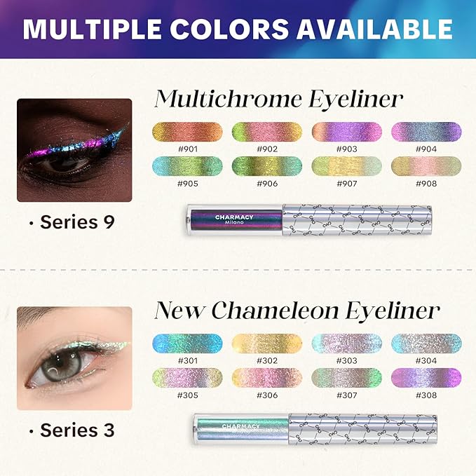 CHARMACY Chameleon Liquid Eyeliner, Liquid Glitter Eyeliner, Highly Pigmented, Metallic Intense MultiColor Shifting waterproof Eyeliner, Ultra-Fine Tip, Longwearing, Smudge-proof (#SET1-901/904/907)