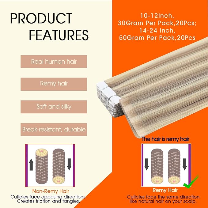 Full Shine Remy Injected Tape Hair Extensions Real Human Hair Color 18/613 Natural Blonde Shades Injection Tape in Extensions 18Inch Long Invisible Adhesive Extension 50Gram 20Pcs Reusable