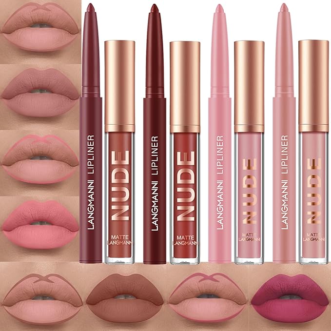 Jolilab 8Pcs Matte Lip Liner + Liquid Lipstick Set, One Step Velvety Nude Lip Stain Waterproof Long Wear High Pigment Lip Makeup Gift Set(#05+06+07+08)