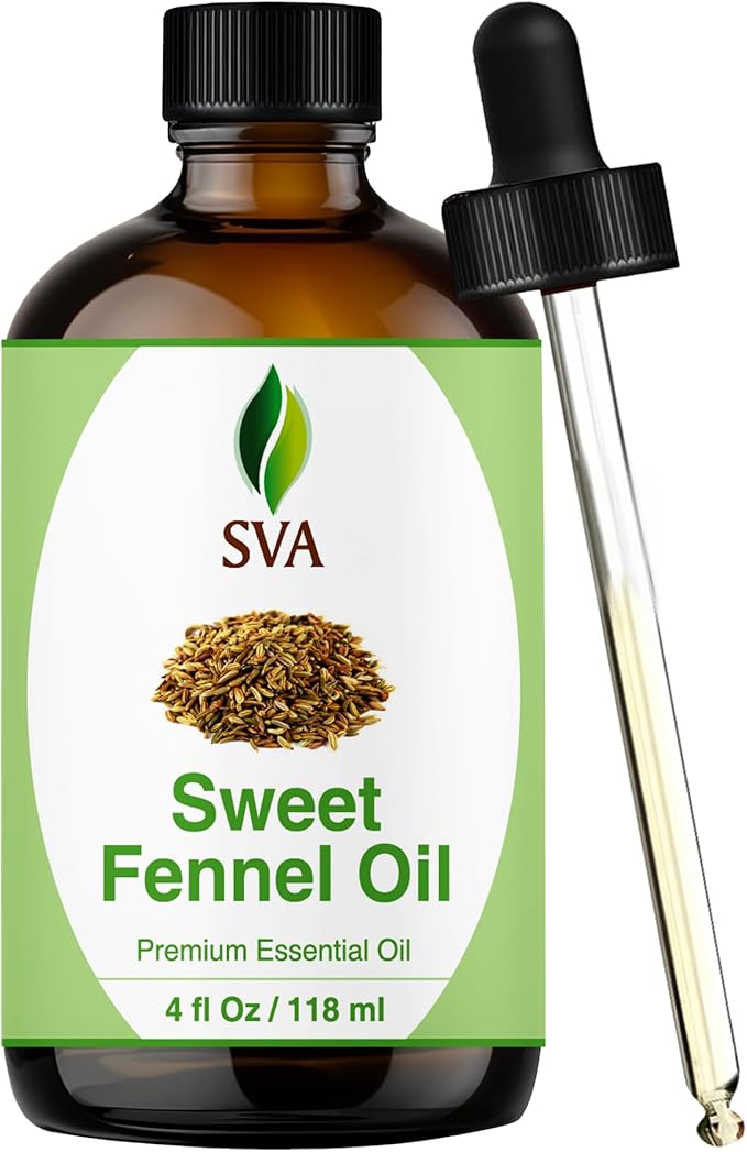 SVA Sweet Fennel Essential Oil – 4 Fl Oz – 100% Natural Fennel Oil - for Diffuser, Hair Care, Face, Skin Care, Aromatherapy, Scalp and Body Massage, Soap and Candle Making – with Dropper