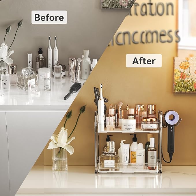 Bathroom Counter Organizer, 2 Tier Makeup Skincare Storage Tray with Hair Dryer Holder and Toothbrush Rack, Perfume Organizer Vanity Shelf for Countertop, Dresser (Transparency)