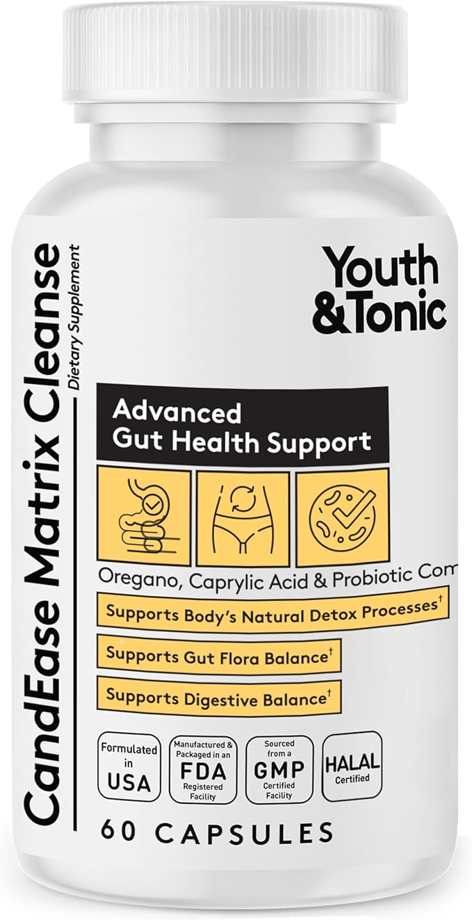 Youth & Tonic CandEase Cleanse Matrix – Overgrowth Support & Gut Health, Intestinal Flora Balance & Body Detox Complex with Oregano, Caprylic Acid, Digestive Enzymes, Probiotics, 60 Pills, Women & Men