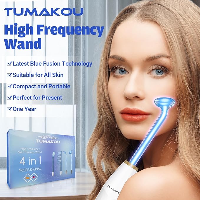 High Frequency Facial Device - TUMAKOU Blue High Frequency Facial Wand - Portable High Frequency Machine with 4 Fusion Neon + Argon Wands