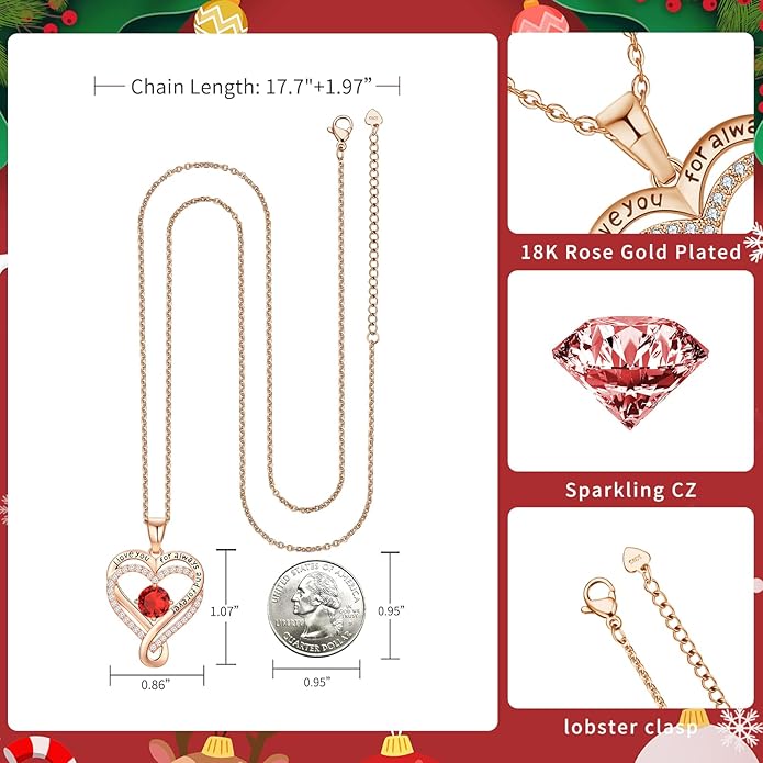 Infinity Love Heart Birthstone Necklace for Women Wife, S925 Sterling Silver Anniversary for Women Wife Birthday Gift for Her Girlfriend Mom Daughters, I Love You Women's Jewelry 18k Rose Gold Filled