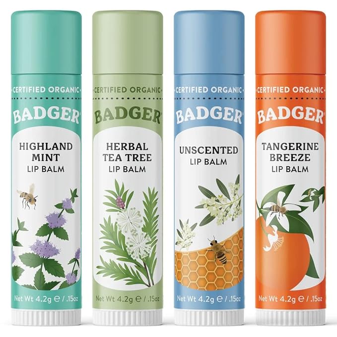 Badger Classic Organic Lip Balm Set - Green Box, Long Lasting Lip Moisturizer Gift Set, Light Silky Texture, All Natural Lip Balm Variety Pack Lip-Set (Unscented, Tea Tree, Mint & Tangerine), 4 pack