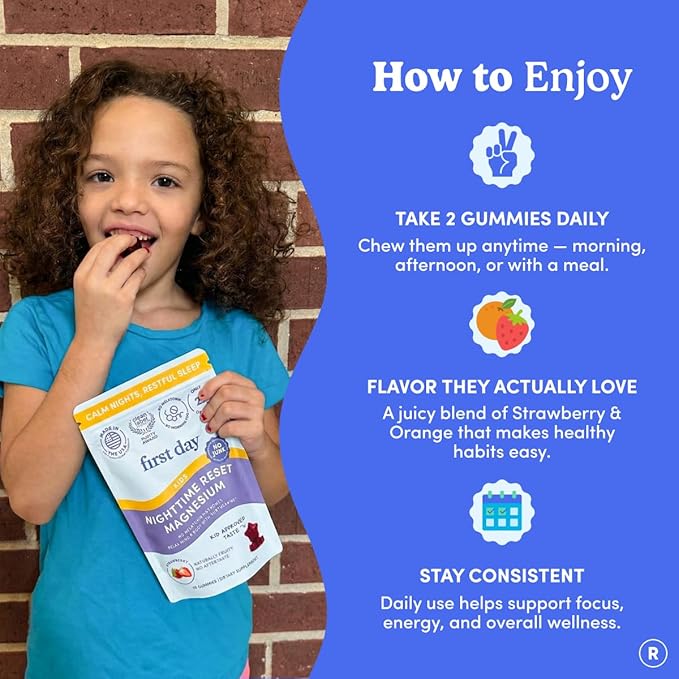 FIRST DAY Magnesium for Kids Gummies – Calm Kids Magnesium Citrate Gummies to Support Sleep & Relaxation – Bedtime Supplement with Suntheanine® L-Theanine, NO Melatonin - Strawberry - 30-Day Supply