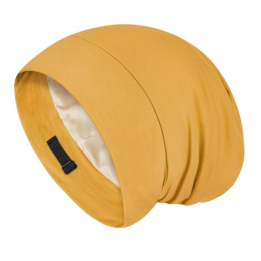 Fittia Satin Hair Bonnet for Sleeping, Silky No Frizzy for Curls Care, Adjustable Strap for Non-Slip, Dreadlocks Cap for Women&Men Mustard Yellow