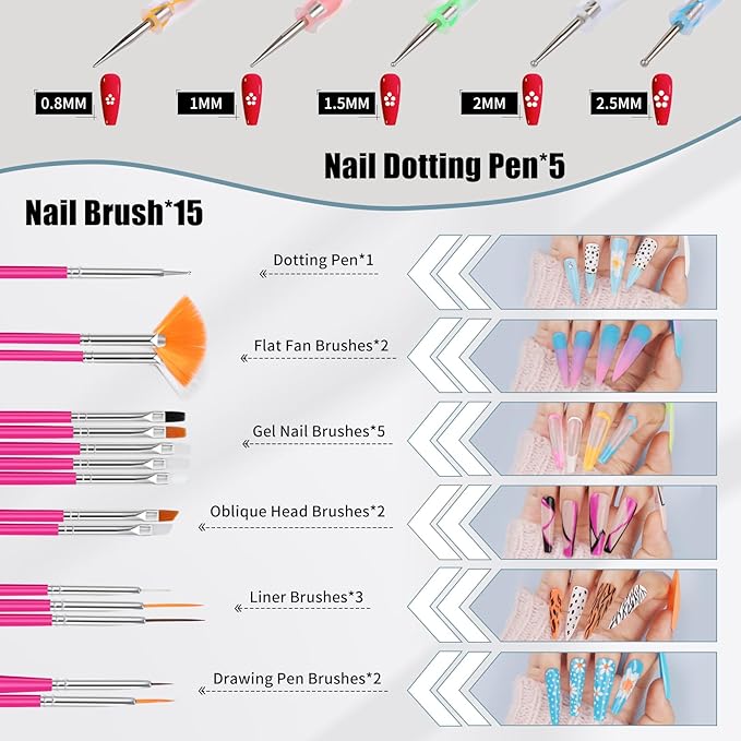 67 in 1 Nail Art Brushes Nail Art Kit,Brushes Dotting Pens with Striping Tape,Mini Metal Caviar Beads Ball,Rhinestones, Pearls,Metallic Foil Flakes,Sequins,Stickers Manicure Design Tools (Hot-pink)