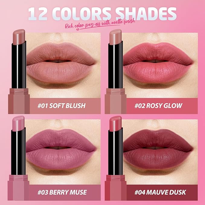 Jolilab 2Pcs Velvet Matte Lipstick Nude Matte Soft Dark Color Stick High Pigmented Long-Lasting Waterproof Lip Stick Lip Balm Beauty Cosmetics Gift for Women(#05+06)