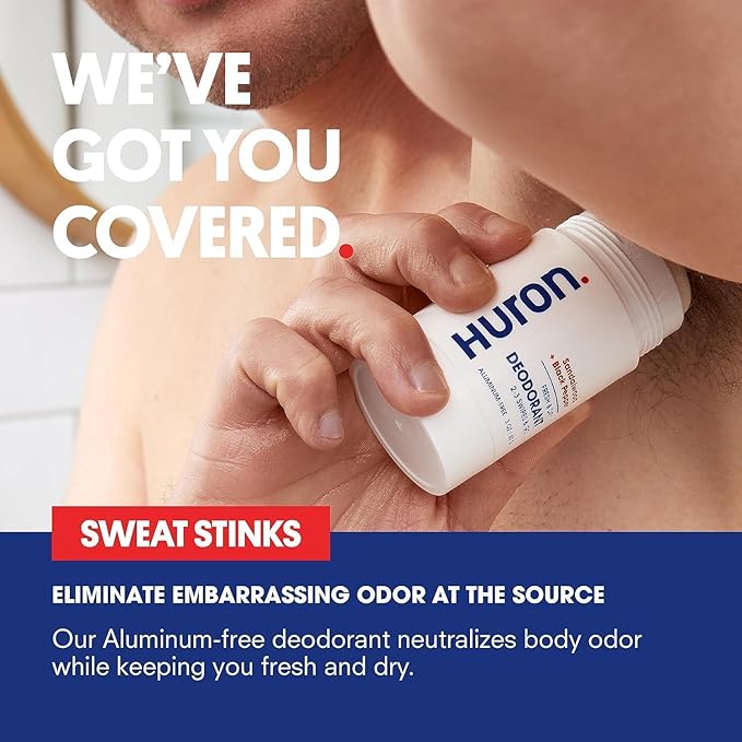 Huron Aluminum-Free Deodorant for Men - Clean & Woody Scent of Sandalwood & Amber - Neutralizes Odor for All-Day Protection - Non-Irritating - 3.2 Oz (2 Pack)