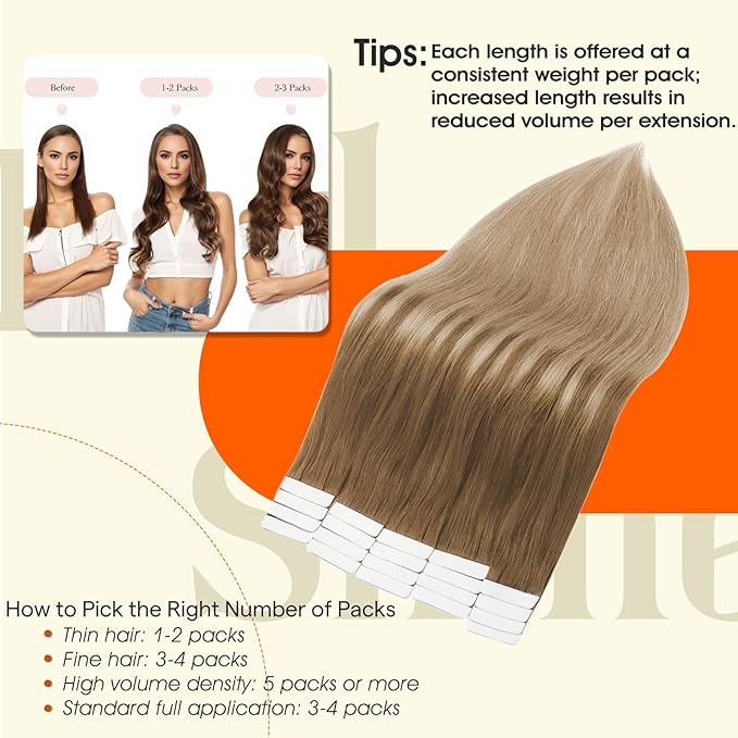 Full Shine 16Inch Tape in Hair Extensions Seamless Straight Tape in Extensions Ombre Human Hair Extensions 50G 20Pcs Color 10 Golden Brown to 14 Dark Blonde Real Remy Human Hair Extension for Wedding