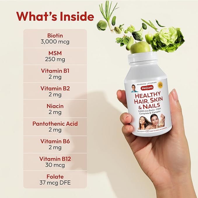 ANDREW LESSMAN Healthy Hair, Skin and Nails 240 Capsules - 3000 mcg High Bioactivity Biotin, B-Complex. Promotes Beautiful Skin, Strong Nails. No Additives Hair Growth Vitamins Biotin Supplement