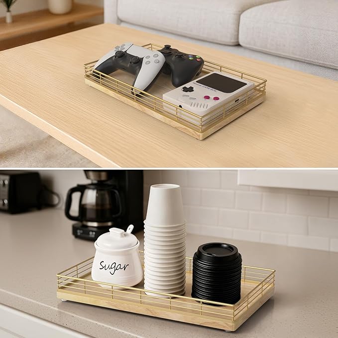 Large Bathroom Vanity Tray – 13" x 8" Oak Decorative Wooden Tray for Bathroom Countertop & Vanity Organizer, Wood Tray for Perfume Skincare Accessories Storage Vanity Dresser Decor Gold & Natural Oak