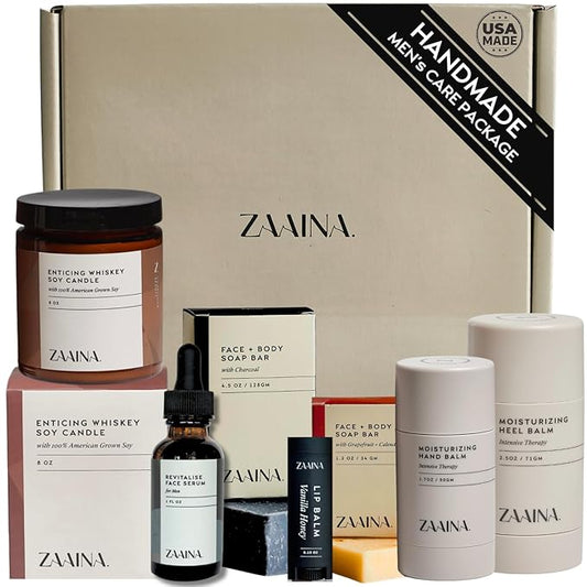 ZAAINA Men’s Self Care Package, Valentine Gifts for Men, Relaxation Spa Gift Set - Luxury Natural Handmade Grooming Kit for Husband Dad Friend, Birthday Gifts for Him (Premium Set with Whiskey Candle)