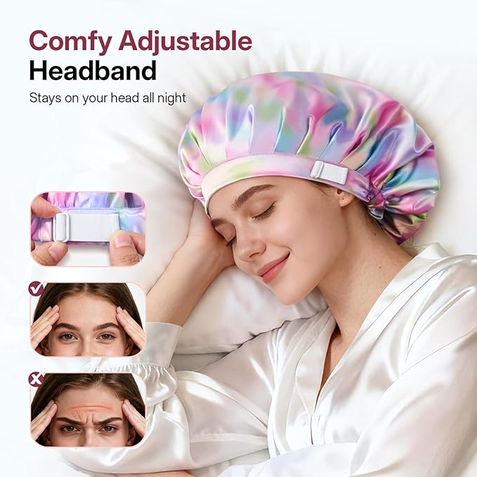LitBear Silk Satin Bonnet for Sleeping Women, Adjustable Double Layer Hair Bonnet with Scrunchies for Curly Natural Hair, Non Slip Softer Night Sleep Cap