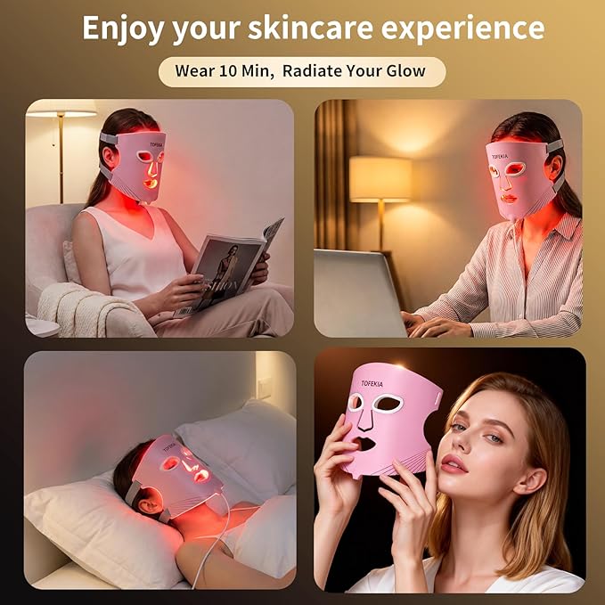 FDA-Cleared Red Light Therapy Mask for Face – 3 Modes for Acne and Wrinkles, 5 Intensity Levels，850nm Infrared Led Light Therapy Device, Pink