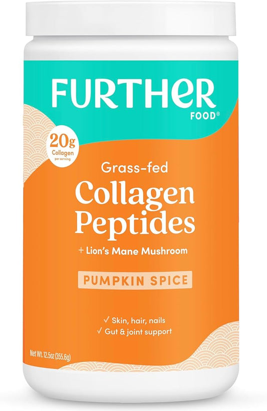 Further Food Pumpkin Spice Collagen Peptides Powder with Lion’s Mane Mushroom – 100% Grass-Fed, Hydrolyzed Type 1 & 3, 20g of Collagen per Serving, Supports Skin, Hair, Nails & Focus, 9.88 Oz