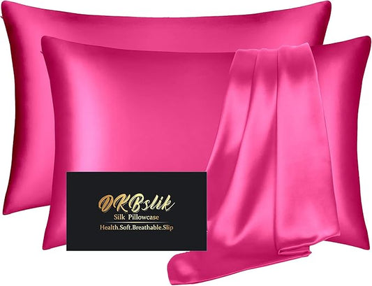 Silk Pillow Cases 2 Pack, Mulberry Silk Pillowcases Standard Set of 2, Smooth, Anti Acne, Beauty Sleep, Both Sides Natural Silk Satin Pillow Cases for Women 2 Pack with Zipper for Gift, Hot Pink