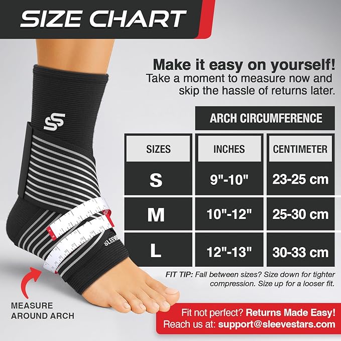 Sleeve Stars Ankle Brace for Women & Men, Ankle Wrap for Sprained Ankle, Compression Sleeve for Plantar Fasciitis Relief, Easy Customizable Support: w/Removable Strap (Pair/L:12"-13"/Black)