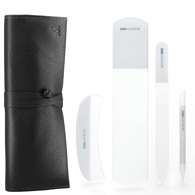 4pcs Manicure Set Genuine Czech Crystal Gray Glass Nail File Moon File Manicure Stick Pedicure Foot Care Bar in Black Leather by GERmanikure