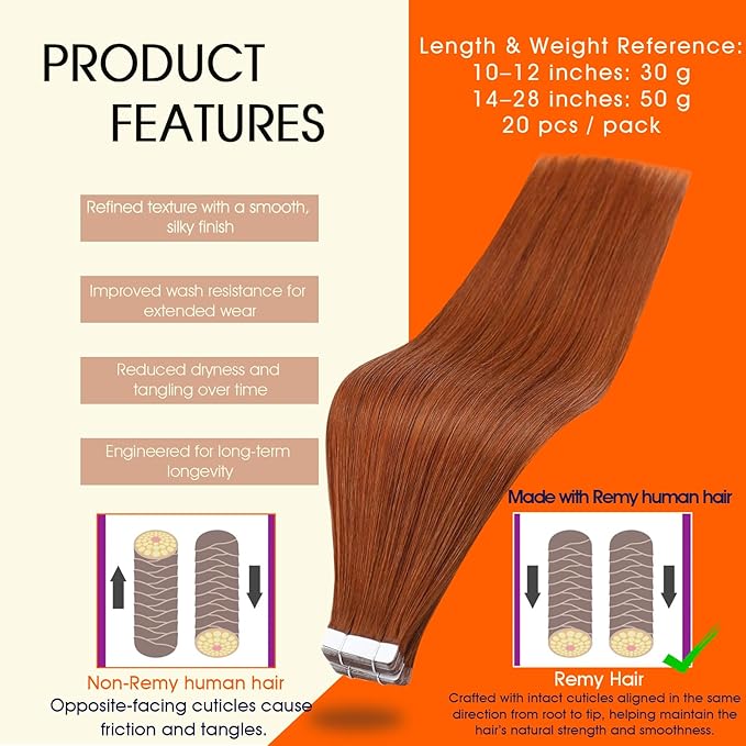 Full Shine Tape Extensions Human Hair Remy Tape in Extensions Color 550 Orange Red Adhesive Seamless Skin Weft Long Extension Add Length 18Inch 50Gram Natural Brazilian for Women 20Pcs