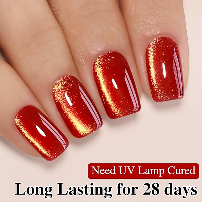 Double Rhythm Cat Eye Gel Polish with Magnet 15ML Ice Glass Holographic Glitter Shimmer Translucent Sheer Color Salon Soak Off Magnetic at Home (Blood Red-MC1145)